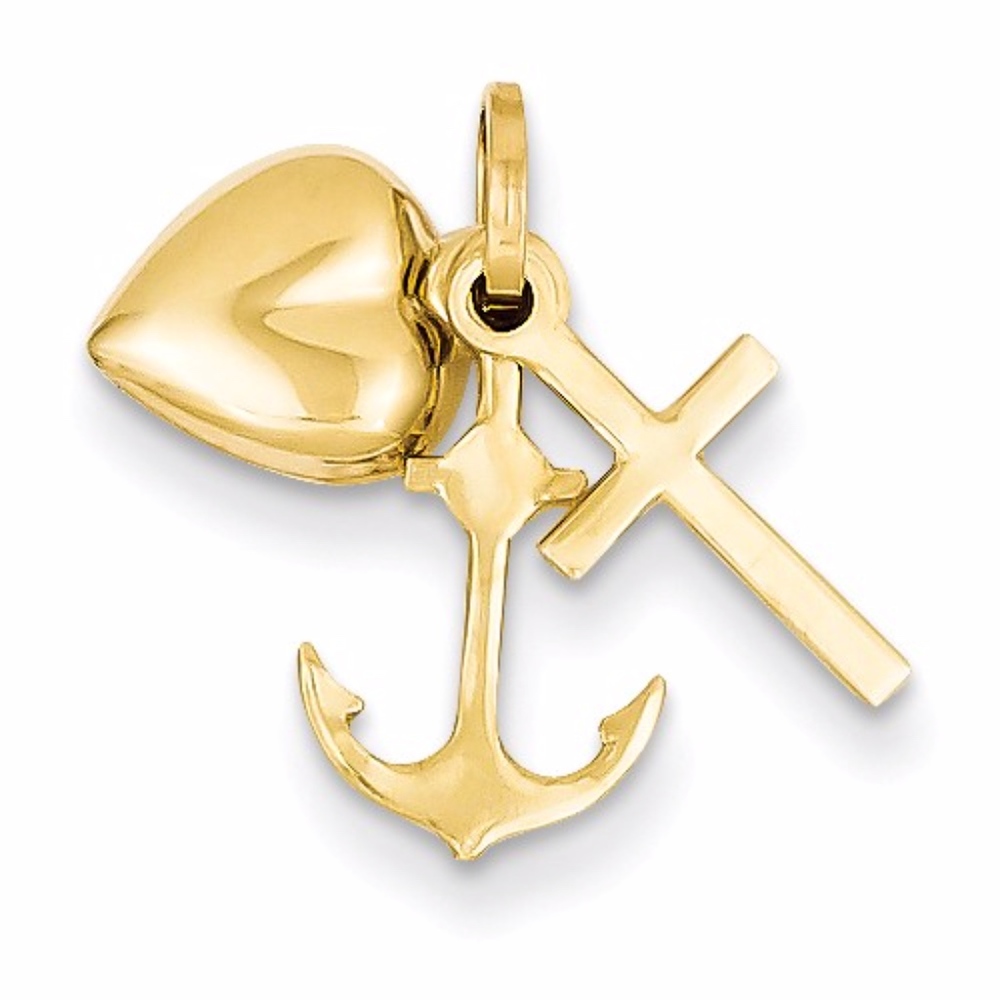 Dainty 14K Heart Cross Anchor Pendant